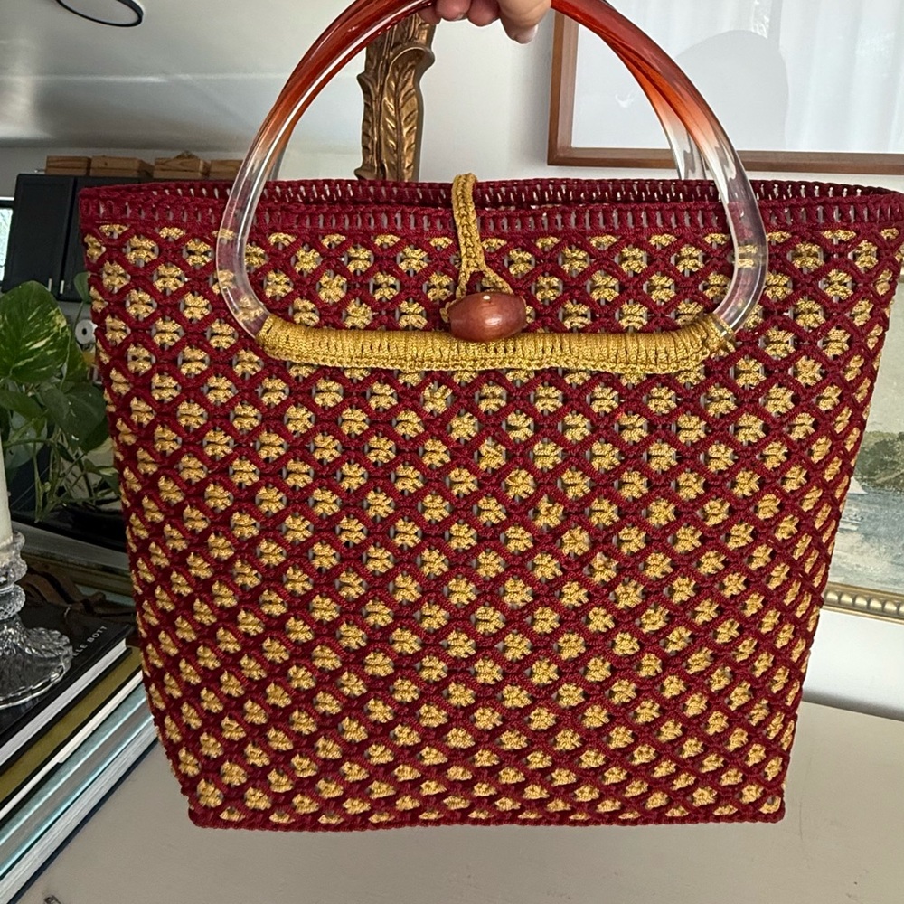Vintage Handwoven Red and Yellow Crochet Tote Bag with Clear Handles